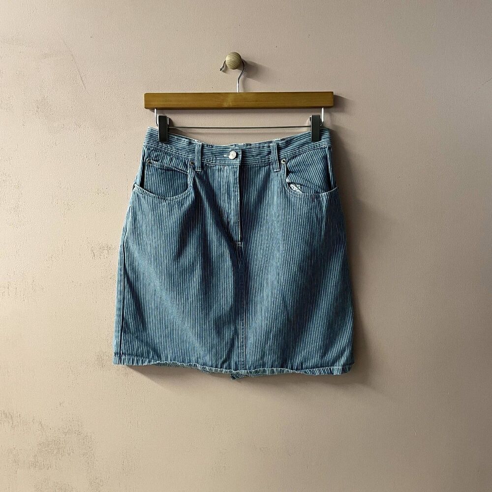Vintage Bill Blass Jeans Petite Light Blue Striped Denim Mini Skirt Size 8P EUC